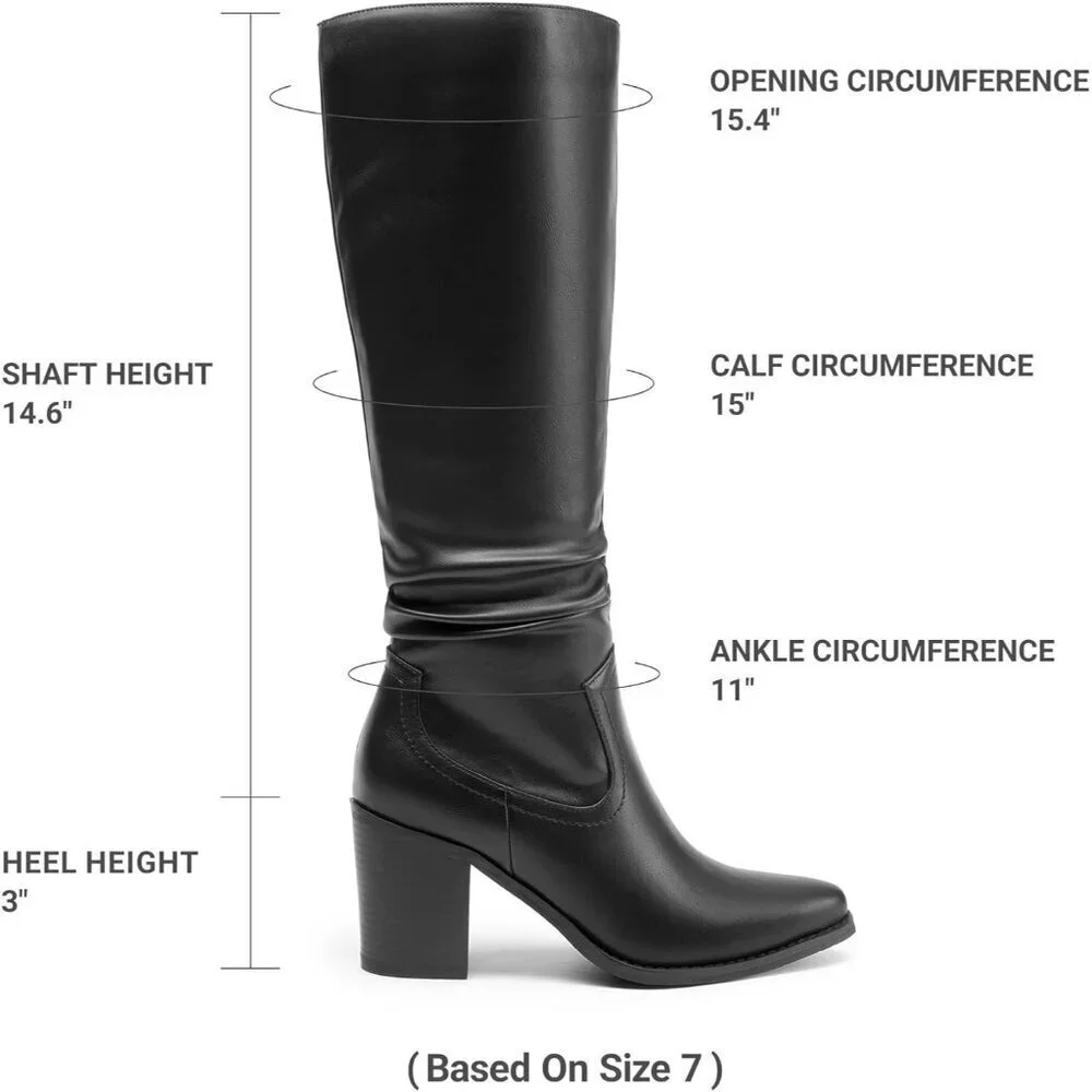 Women's Faux Leather Knee-High Boots Suede Block Heel Side Zipper Size 7